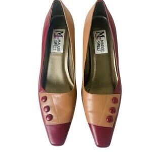 Vintage Sz 6 Two Tone Burgundy Tan Color Block Pumps Kitten Heel Genuine Leather